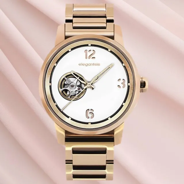 【elegantsis 愛樂時】GOLDEN FASHION 都會時尚面板鏤空機械女錶 玫瑰金 42mm 現貨(ELJT75A-NO03MA)