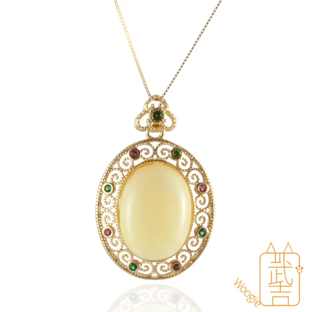 【Woogie武吉珠寶】琥珀蜜蠟精品古金設計蜜蠟項鍊(蛋面白花蜜)