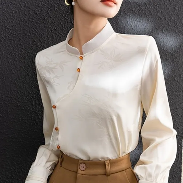 【米蘭精品】雙11優惠 襯衫長袖上衣(中式斜襟珠扣提花女裝2色t1ke74)