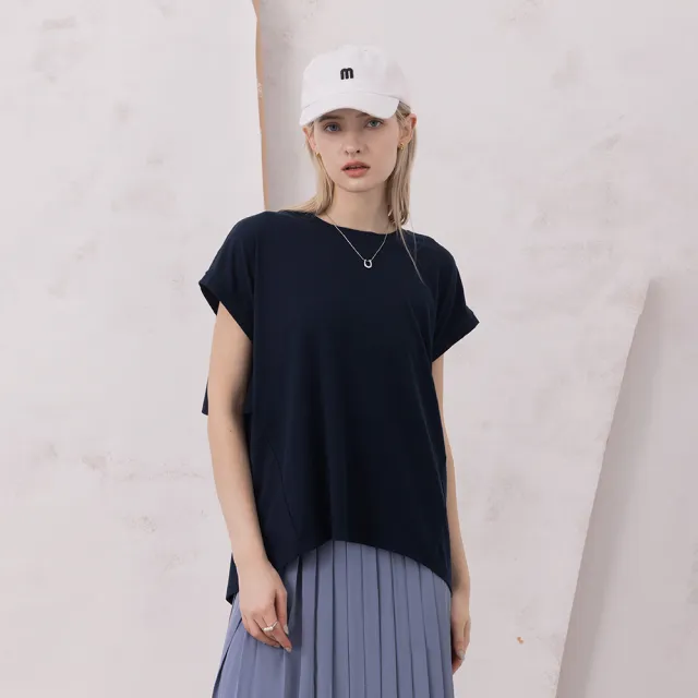 【MASTINA】圓領後波浪裝飾活片連袖短袖上衣(藍 紫/魅力商品)