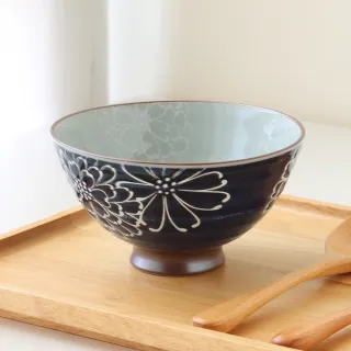 【Just Home】日本製美濃燒陶瓷5吋碗300ml-藍菊(深丸大平碗 可微波 碗 飯碗 碗盤)