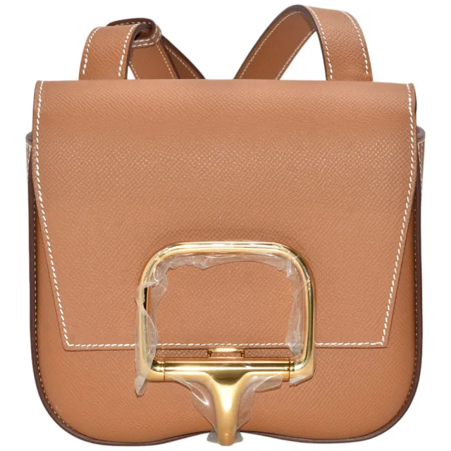 【Hermes 愛馬仕】經典Della Cavalleria系列牛皮金釦方型肩背包(迷你-金色H082226CC-GOLD)