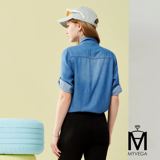 【MYVEGA 麥雪爾】MA高含棉LOGO刺繡丹寧牛仔外套-淺藍