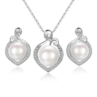 【KATROY】天然珍珠項鍊耳環組．白珍珠9.0-12.0mm．新年禮物(銀色款)