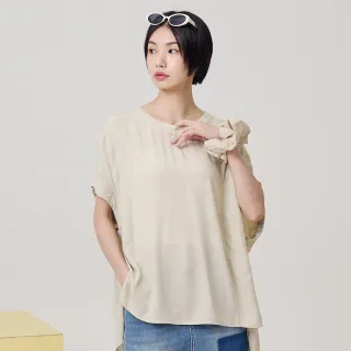 【gozo】水洗風涼感竹纖維抽皺連袖上衣(淺卡其)