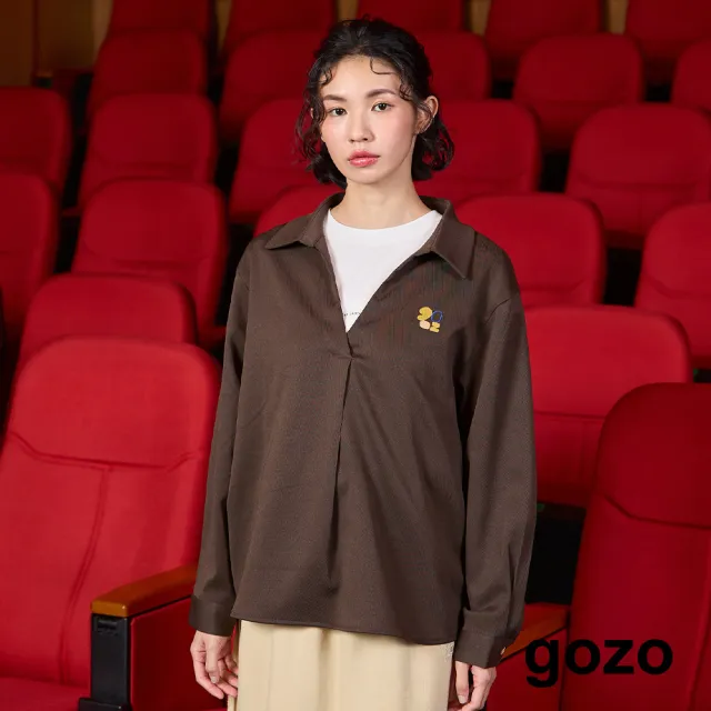 【gozo】MOMO獨家款★限量開賣 gozo繡花半開襟長袖襯衫(兩色)
