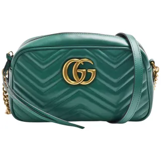 【GUCCI 古馳】GUCCI 經典GG Marmont系列仿舊金色雙G LOGO牛皮山字車紋拉鍊肩背包(綠色447632-DTD1T-3120)