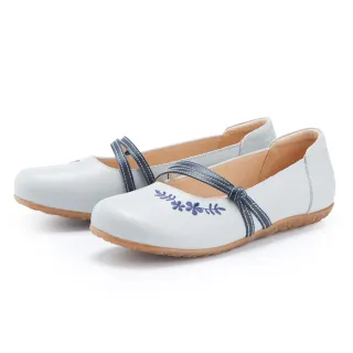 【MAGY】花朵刺繡點綴牛皮平底休閒鞋(藍色)