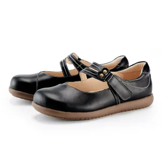 【MAGY】牛皮圓方頭寬帶瑪麗珍平底休閒鞋(黑色)