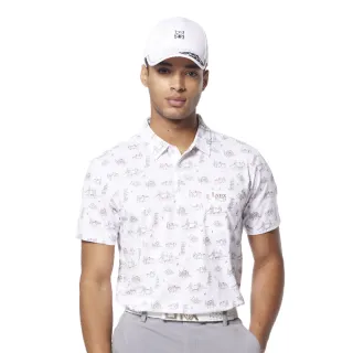 【Lynx Golf】男款吸溼排汗機能滿版觀光景點圖樣繡花胸袋款短袖POLO衫/高爾夫球衫(白色)