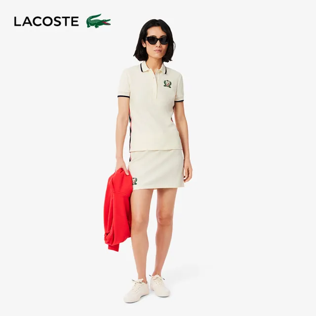 【LACOSTE】女裝-修身法國製側腰飾邊短袖Polo衫(白色)