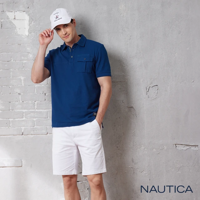 【NAUTICA】官方旗艦 男裝 素色口袋休閒短袖POLO衫(藍色)