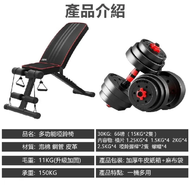 【彬彬小舖】升級版健身椅+環保30KG啞鈴組 贈40CM連接桿+手套+護碗(槓鈴啞鈴兩用組 運動健身舉重 重訓)