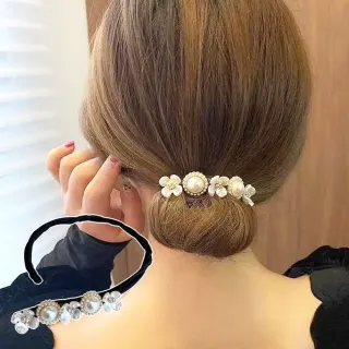 【貴婦人】韓式典雅花朵珍珠盤髮器2入(髮飾 髮帶 髮圈 髮夾 包包頭 馬尾扣 懶人盤髮 丸子頭 交換禮物)