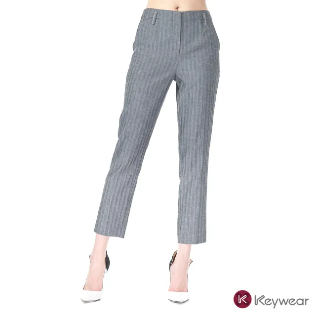 【KeyWear 奇威名品】舒適職裝條紋高腰直筒褲