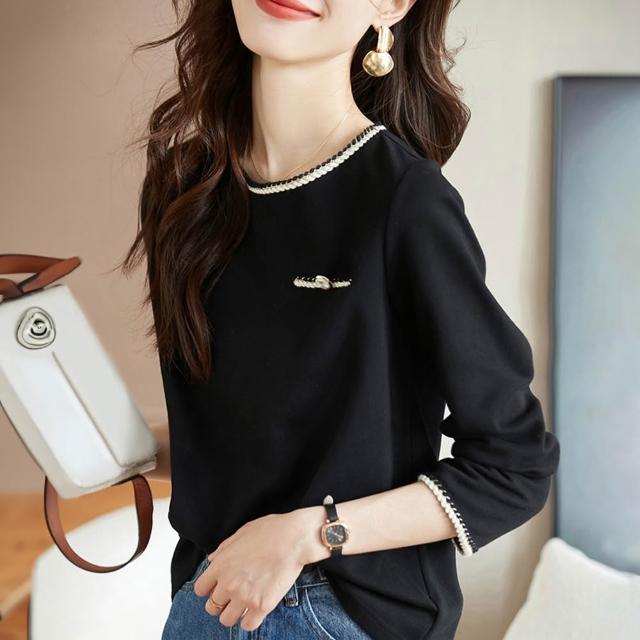 【初色】現貨 小香風純色圓領顯瘦長袖T恤上衣女上衣-黑色-30396(M-2XL可選/快速出貨)
