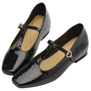 【Grace Gift】復古女伶T字愛心扣微方頭內增高瑪莉珍鞋(黑漆)