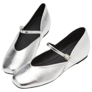 【Grace Gift】氣質簡約微方頭平底內增高瑪莉珍鞋(銀)