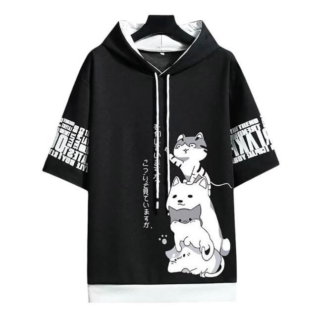 【CS22】夏季連帽短袖T印花卡通貓上衣(S-3XL/6色)