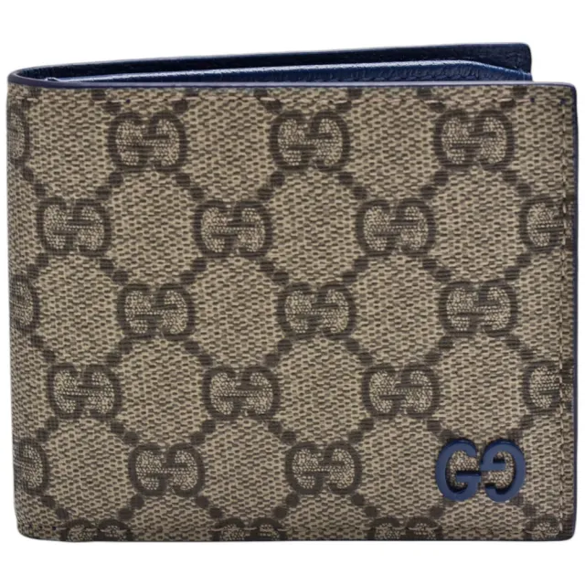 【GUCCI 古馳】GUCCI 經典同色LOGO GG Supreme帆布牛皮襯裡摺疊零錢袋短夾(烏木色/藍色768244-FACQC-9751)