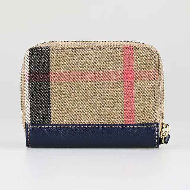 【BURBERRY 巴寶莉】BURBERRY內燙金字LOGO格紋帆布拼牛皮4卡ㄇ形拉鍊卡夾零錢包(深藍)