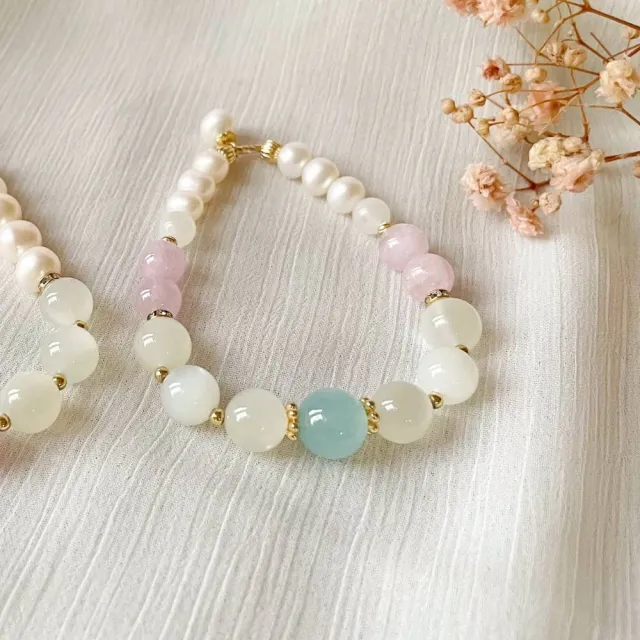 【Elegant 珍愛宣言】海藍寶月光石薰衣草紫水晶天然珍珠彈性手鏈(珍珠手鍊 珍珠手環 水晶手鍊 紫水晶)