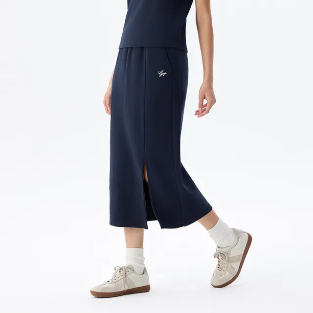 【GAP】女裝 Logo刺繡抽繩鬆緊長裙-海軍藍(765832)