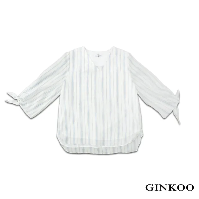 【GINKOO 俊克】V領條紋袖口綁帶上衣
