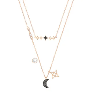 【SWAROVSKI 施華洛世奇】Symbolica 項鏈 月亮和星星 黑色 鍍玫瑰金色(雙鏈組)