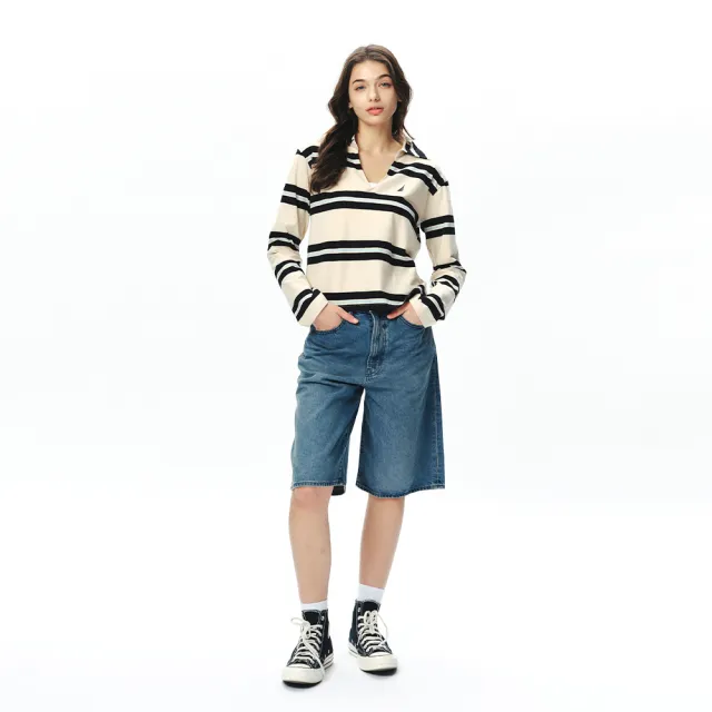 【NAUTICA】官方旗艦 女裝 撞色條紋休閒長袖POLO衫(卡其色)