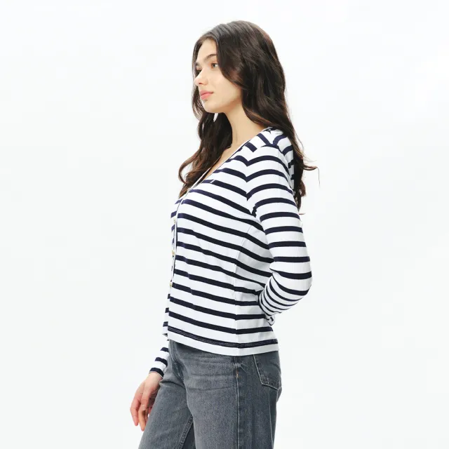 【NAUTICA】官方旗艦 女裝 經典條紋長袖針織外衫(白色)