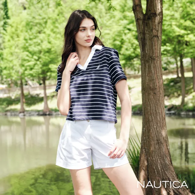 【NAUTICA】官方旗艦 女裝 經典條紋白領短袖POLO衫(深藍色)