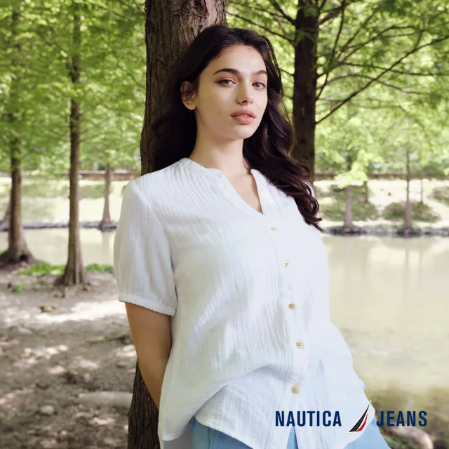 【NAUTICA】官方旗艦 女裝 純棉柔感氣質短袖襯衫(白色)
