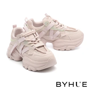 【BYHUE】率性街頭風晶鑽異材質軟芯老爹厚底休閒鞋(粉)