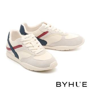 【BYHUE】百搭舒適撞色線條異材質綁帶軟芯厚底休閒鞋(藍)