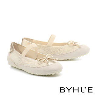 【BYHUE】簡約純欲風蝴蝶結鬆緊帶軟芯瑪莉珍平底鞋(米)