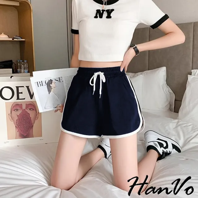 【HanVo】現貨 修飾身型! 運動休閒短褲 棉質寬鬆居家褲(韓系女裝 女生褲裝 A03-2117)