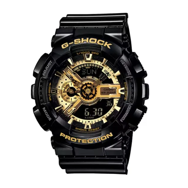 【CASIO 卡西歐】經典黑金重機雙顯電子錶(黑/金 GA-110GB-1A)