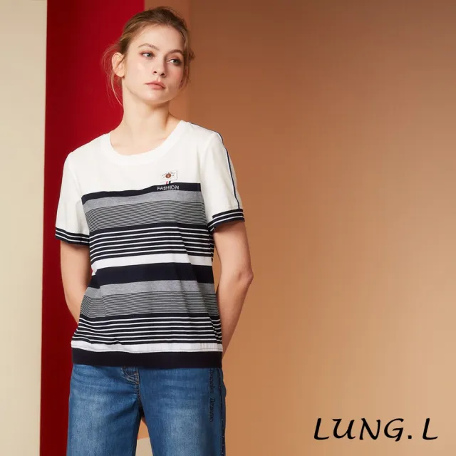 【LUNG.L 林佳樺】LS66A 深藍色粗細條紋拼接白色素面短袖棉質女裝上衣(春夏新品)