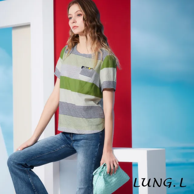 【LUNG.L 林佳樺】LR81A 綠灰藍三色條紋前短後長短袖棉質女裝上衣(春夏新品)