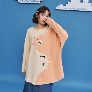 【Dailo】水豚君色塊拼接連袖大長袖上衣(藍 米 桔)