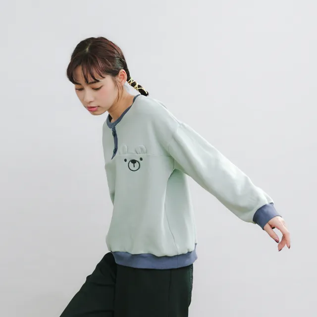 【Dailo】好柔軟萌貓撞色刷毛長袖上衣(粉 綠 米)