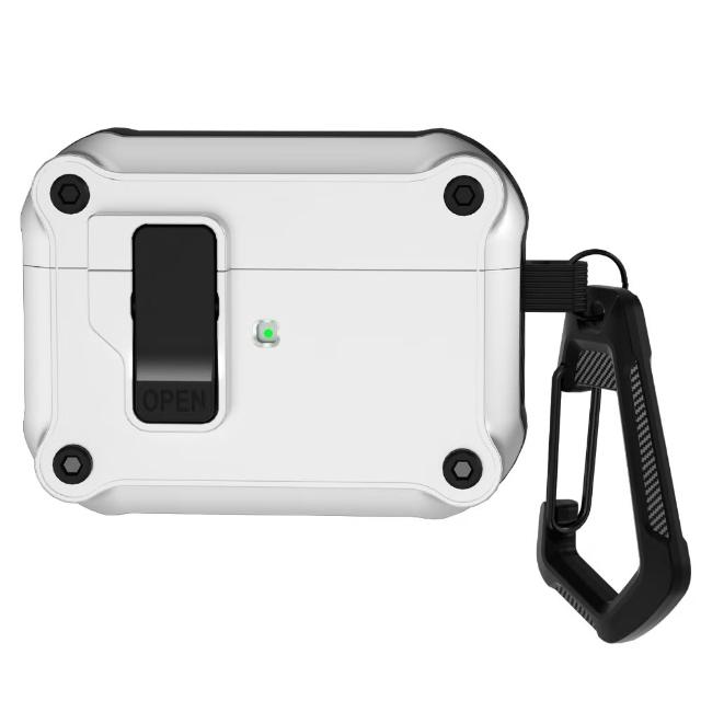 AirPods Pro 1/2 自動彈蓋磁扣軍規防摔保護殼(機械白 四角避震 可掛式)