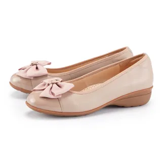 【MAGY】氣質織帶蝴蝶結真皮低跟鞋(粉色)
