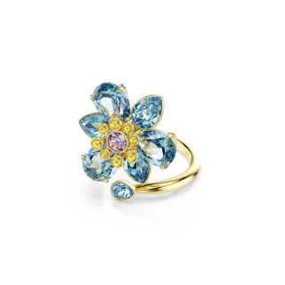 【SWAROVSKI 施華洛世奇】Idyllia 開口戒指 混合式切割 花朵 藍色 鍍金色