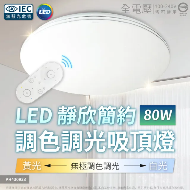 【Philips 飛利浦】2入組 LED Pyxis 靜欣 簡約 80W 全電壓 舒適光 可調光 可調色 遙控吸頂燈(保固5年)