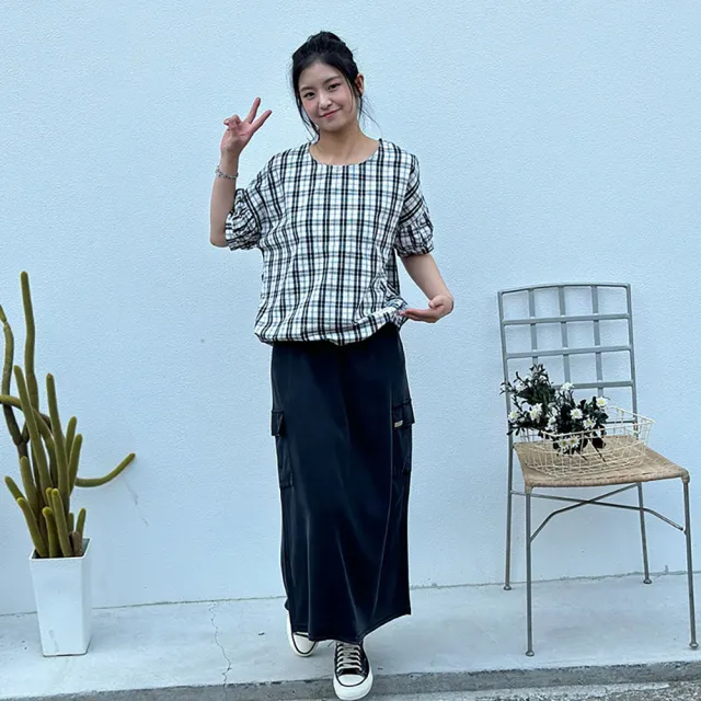 【Hana Mokuba】花木馬日系女裝圓領格紋落肩上衣(上衣)
