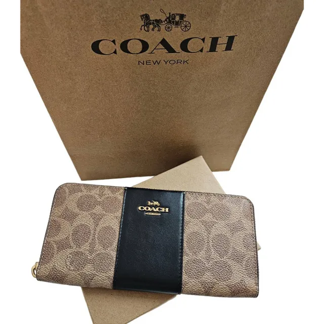 【COACH】Signature 經典塗層帆布牛皮拉鍊長夾 專櫃款七夕情人節組 黑色(七夕情人節)