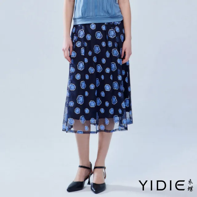 【YIDIE】出清品 金蔥織帶玫瑰網紗長裙-藍