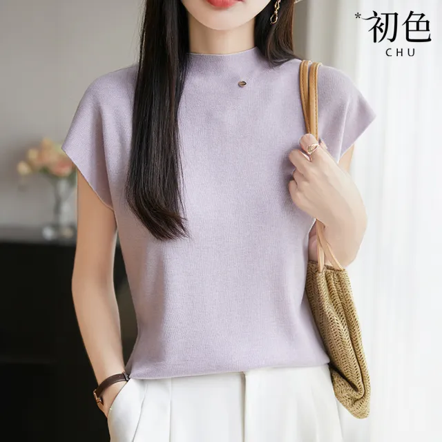 【初色】純色簡約修身顯瘦半高領短袖T恤針織衫上衣女上衣-共6色-12414(M-3XL可選)